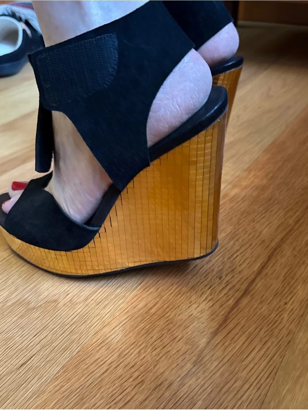Pedro Garcia Black Suede & Gold disco Wedge Slide Sandals
